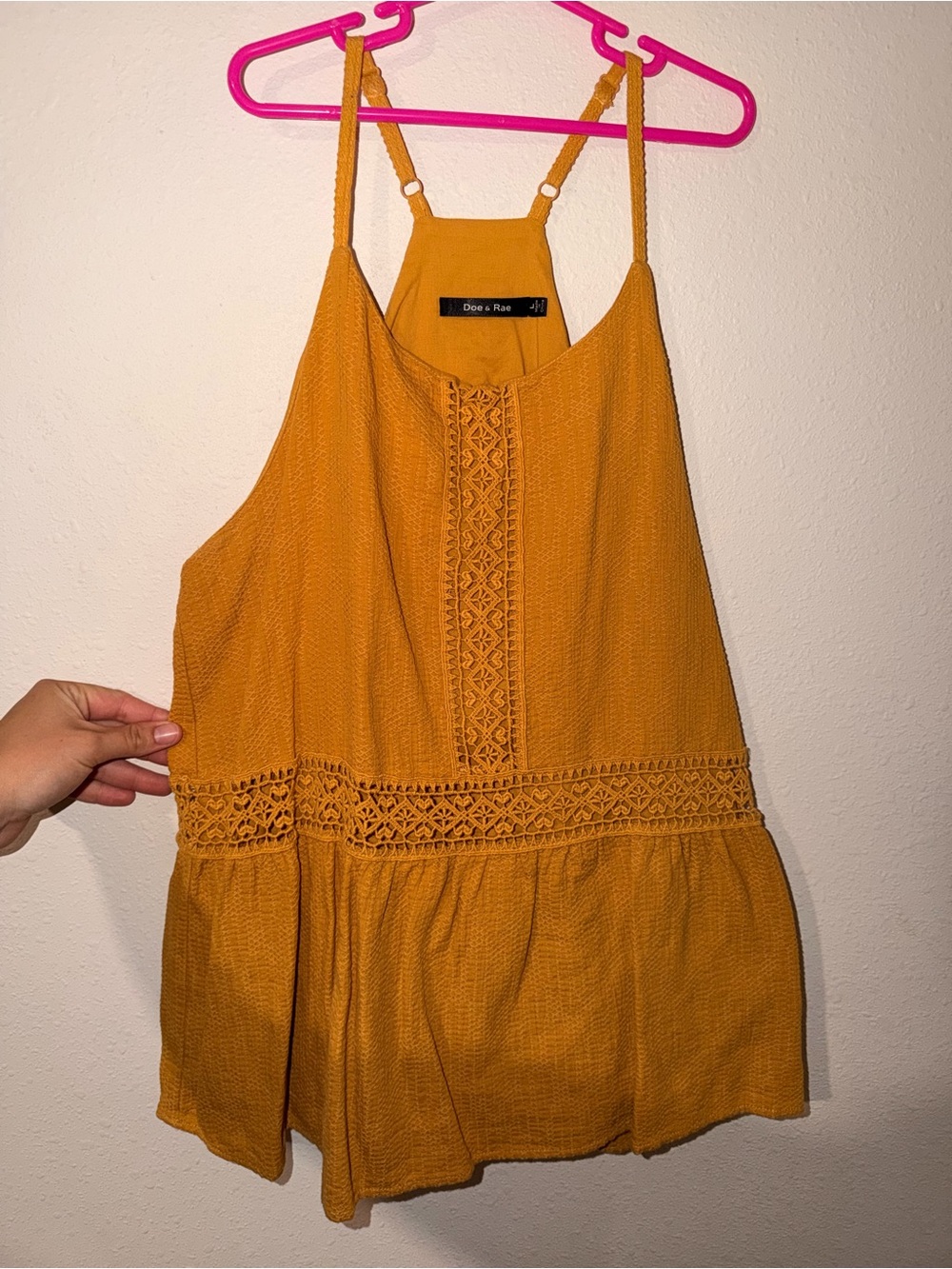 Doe & Rae Golden Mustard Crochet-Accented Spaghetti Strap Top